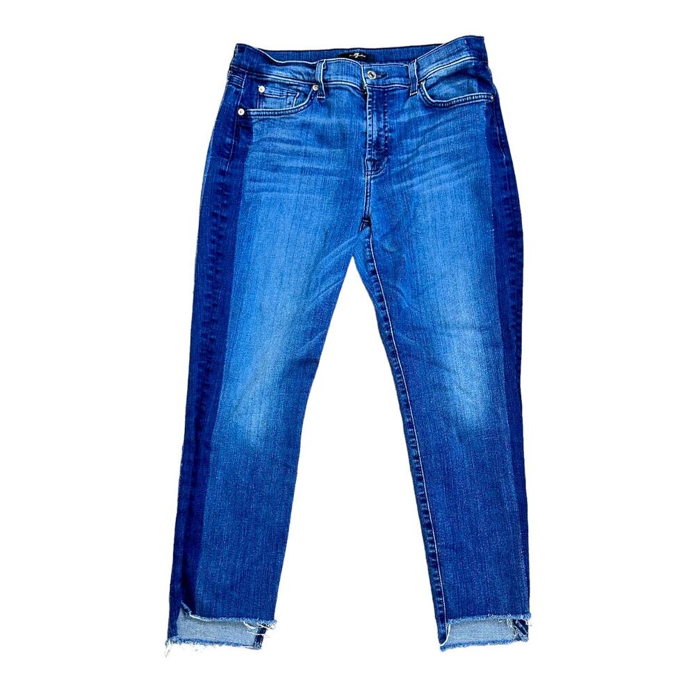 7 For All Mankind raw hem two tone ankle jeans mid-rise stretch denim size 31